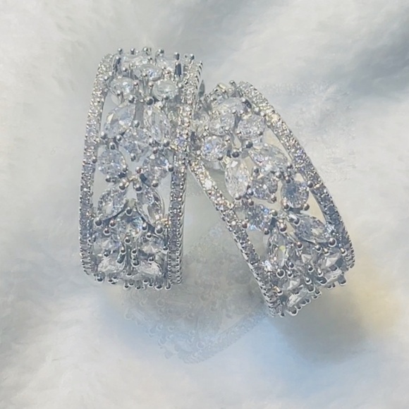 White Zircon Studs Silver Hoops - Picture 6 of 6